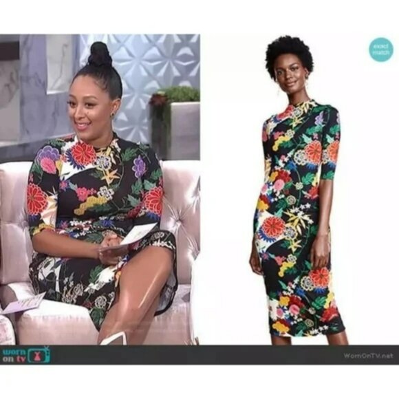 Alice + Olivia Delora Mock Neck Fitted Dress Valley Lake Floral Black. SZ 8 - Picture 3 of 7